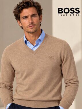 BOSS Men's Beige Brown V-Neck Sweater Size M NWT